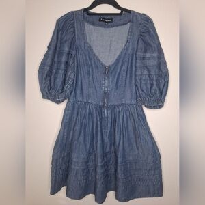 En Saison Blue Lyocell Denim Dress Zipper Front Ruffle Puff Sleeve Pockets Sz M